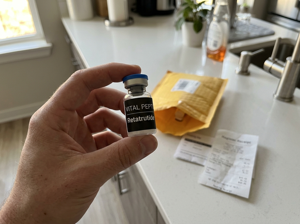 Foto do frasco Retatrutide em mãos por Lucas P.